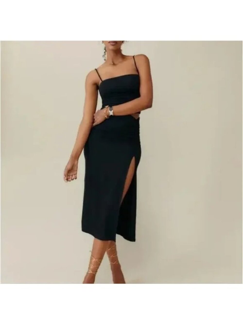 Reformation Black Dunne Ruched Stretch Jersey Midi Skirt LARGE